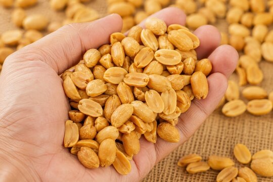 Handful of roasted peanuts, close up view