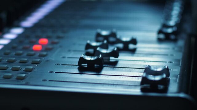 Close up of a professional audio mixing console in a sound recording studio with illuminated controls. Modern equipment used for music production, sound engineering, broadcasting, and track mastering.