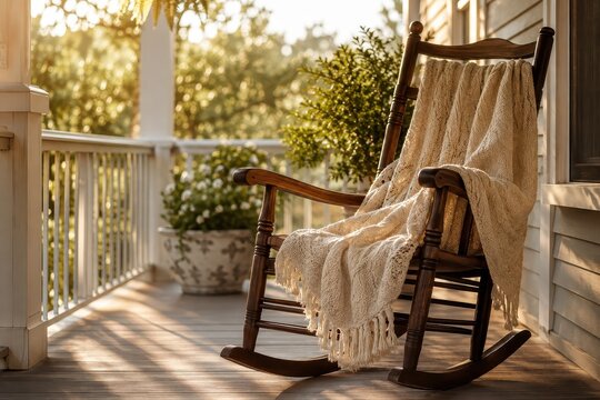 Cozy rocking chair with a knitted blanket on a porch during golden hour