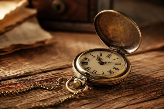 Antique pocket watch on a rustic wooden table with old papers and a treasure chest in the background
