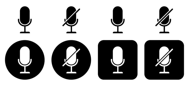 Microphone and muted microphone icons for microphone, mute, voice recording, and audio control interfaces. Ideal for video calls, voice chat, streaming platforms, mobile apps