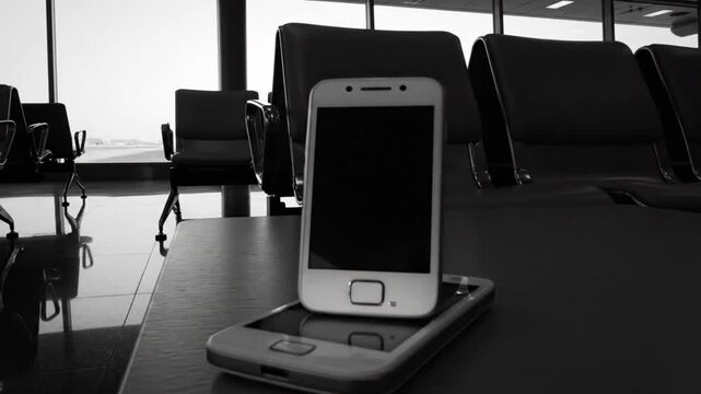 Monochromatic image of a phone with a glowing screen in an empty airport waiting area