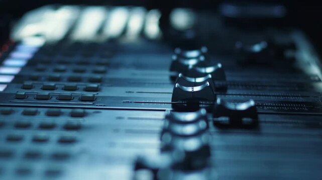 Close-up of a professional sound mixing console in a recording studio with illuminated controls and moving faders. Audio engineer adjusts channel volume levels for music production, sound mixing, 