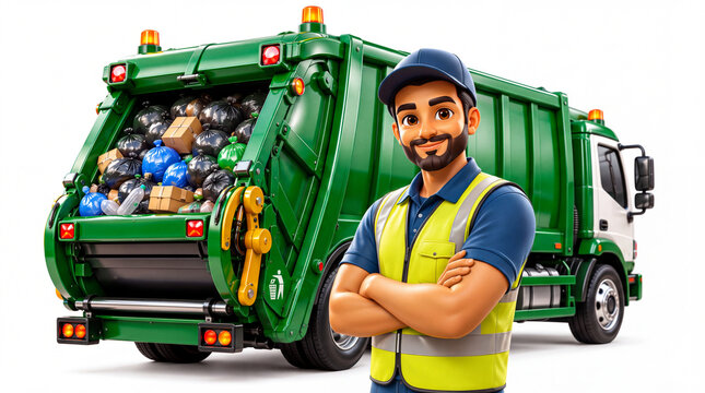 Friendly sanitation worker wearing reflective vest and blue polo beside a glossy green garbage truck, isolated on white background in polished 3D cartoon style.