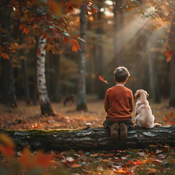Ni&ntilde;o y su perro cachorro sentados de espaldas en un tronco durante el oto&ntilde;o en un bosque soleado