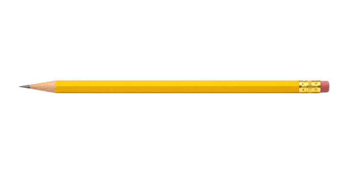 Single classic yellow wooden pencil with a pink eraser and gold ferrule is horizontally centered on a clean white background
