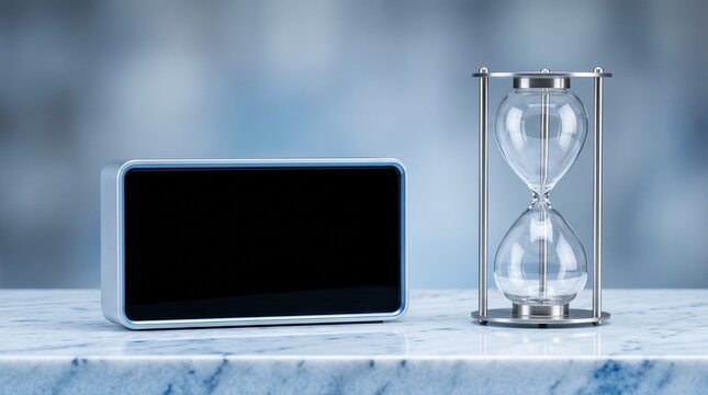 Minimalist digital clock and modern hourglass on white marble table representing time management efficiency and countdown concepts in a professional office interior setting with soft lightin