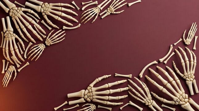 Skeleton Hands and Bones Frame on Maroon Background &ndash; Anatomy or Halloween Concept