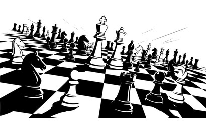 Chess Pieces Standing on Chessboard Black and White Vector Illustration © Nirmol