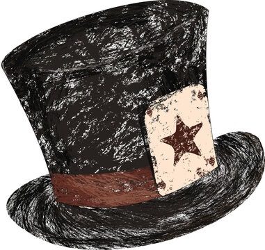Spooky magician top hat with star playing card and vintage texture, Halloween and magic vector graphic element on black background
