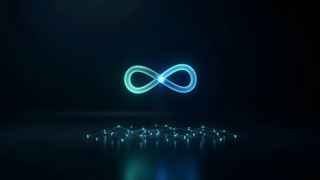 Glowing cyan infinity loop above data network &ndash; Suitable for endless loop, big data flow, or cloud synchronization.