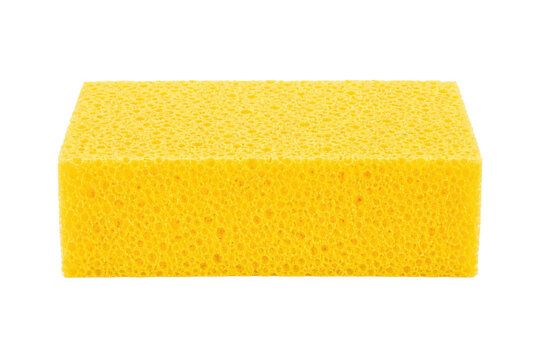 Bright yellow rectangular cleaning sponge with a porous texture, isolated on a clean white background, showcasing its absorbent surface