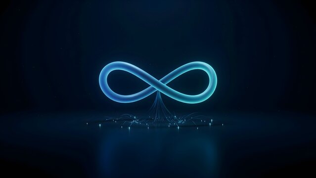 Infinity symbol floating over dark glass reflective surface &ndash; Perfect for continuous integration, cyber continuity, or future tech.