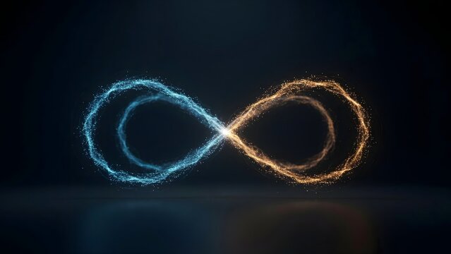 Dual particle streams forming glowing infinity symbol &ndash; Suitable for business continuity, data fusion, or flow state.