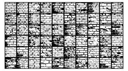 Fototapeta premium Brick wall set with varied textures featuring distressed, weathered, aged, crumbling and damaged sections with monochrome and pattern