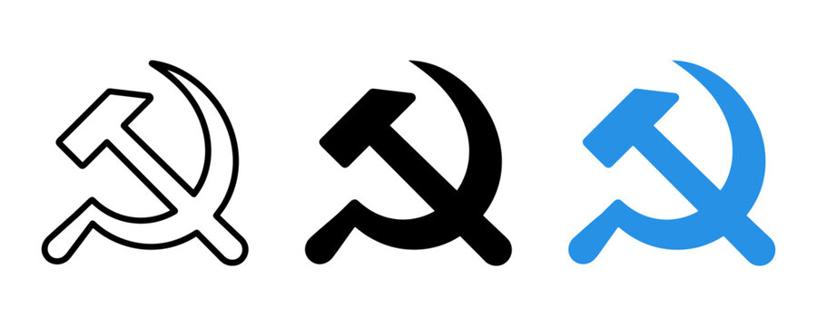 Hammer and sickle communist symbols isolated on a white background in outline, black, and blue styles