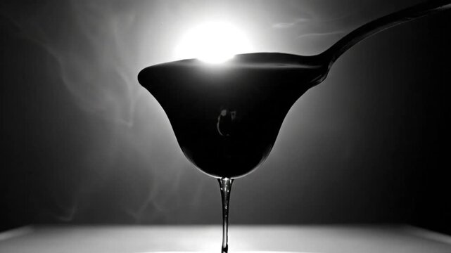 Black and white close-up of thick liquid dripping from spoon with bright background and steam effects