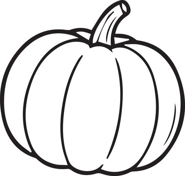 Classic pumpkin line art vector outline illustration. Perfect black and white element for Thanksgiving decor, Halloween crafts, autumn harvest themes, and coloring pages.