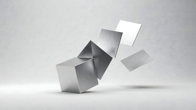 Brushed aluminum cube unfolding in minimalist studio &ndash; Ideal for innovation, structural design, or packaging concepts.