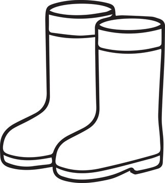 Cozy rubber rain boots line art vector illustration. Minimalist black and white outline element for autumn crafting, rainy weather themes, stickers, and kids coloring pages.