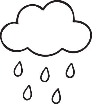 Cute rain cloud with falling water droplets line art vector illustration. Black and white outline icon for weather forecasts, autumn crafts, stickers, and coloring pages.