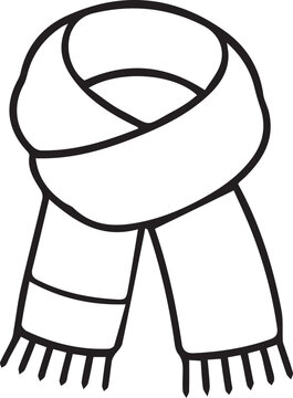 Warm knitted scarf line art vector icon. Simple black and white outline element for autumn clothing themes, cozy hygge designs, printable stickers, and coloring worksheets.