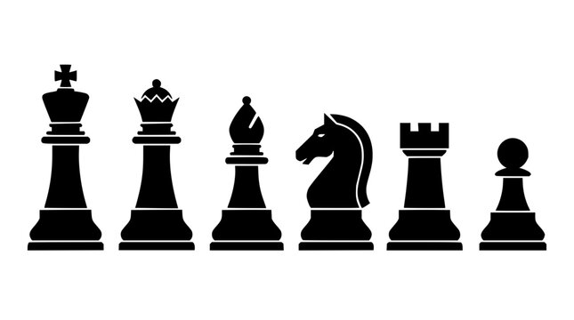 Chess pieces set with black king, queen, bishop, knight, rook and pawn featuring silhouette design with flat style and isolated figures with game elements and board game icons