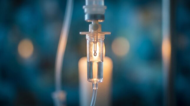 Close up shot of an IV drip chamber with saline solution dripping inside a dimly lit room with soft blurred bokeh lights in the background representing medical care and treatment recovery