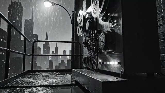 Rainy night rooftop scene with an antique reel-to-reel tape recorder in black and white cinematography