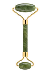 Beautiful green jade facial roller with golden metal accents, designed for skincare and massage, isolated on a clean white background © Chinases