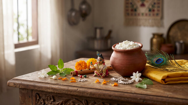 Krishna Janmashtami decorations with butter flute and peacock feather