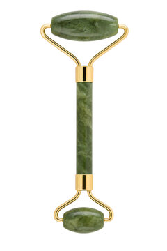 Beautiful green jade facial roller with golden metal accents, designed for skincare and massage, isolated on a clean white background