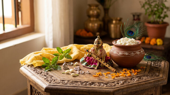 Indian Janmashtami devotional objects arranged with fresh butter
