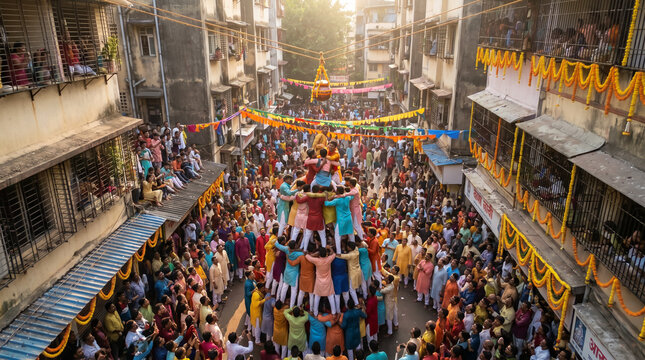 Indian crowd forming human pyramid for Janmashtami festival