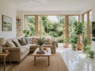 Fototapeta premium Modern living room with beige sofa and wooden coffee table near large windows