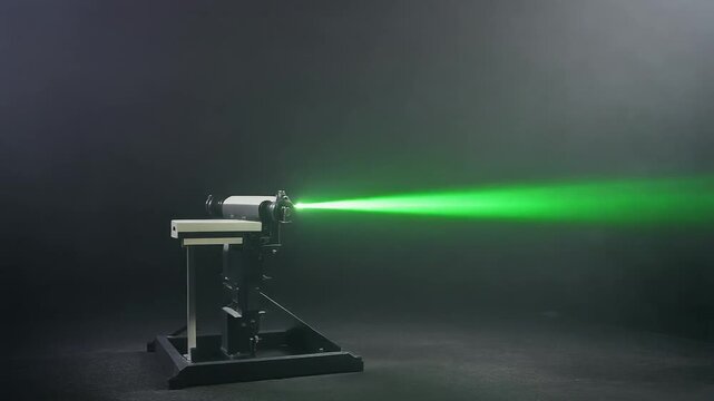 Scientific laser equipment emitting bright green beam in dark laboratory
