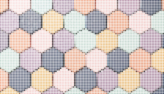 Abstract honeycomb hexagonal pattern with colorful halftone dots for creative graphic design.