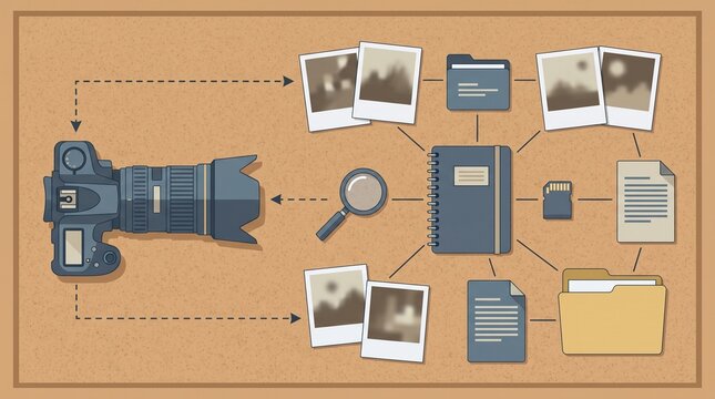 Investigative photojournalism concept with camera, evidence photographs, magnifying glass, notebook and digital files in a sophisticated flat vector illustration.