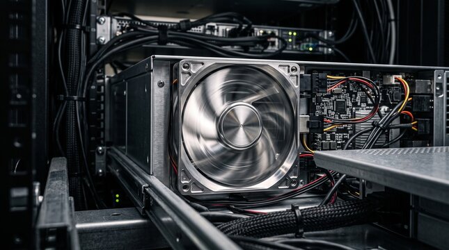 Close up view of spinning cooling fan inside a high performance server rack cabinet with visible electronic circuit board and complex cable management for modern data center and IT infrastru