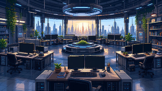 Pixel-Art Futuristic Coding Laboratory with Computers and Advanced Technology