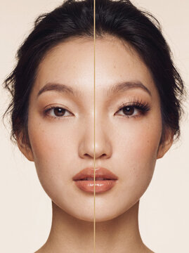 Split screen before after face fair skin with lash extensions comparison, beauty shot of asian model brown eyes