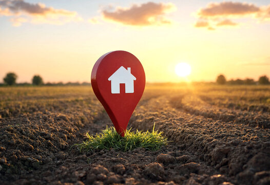 Red map pin with a house icon standing in a plowed field during sunset time