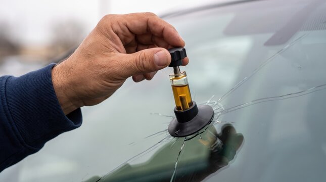 Close up of a mechanic using a professional resin injection tool to repair a cracked car windshield outdoors.