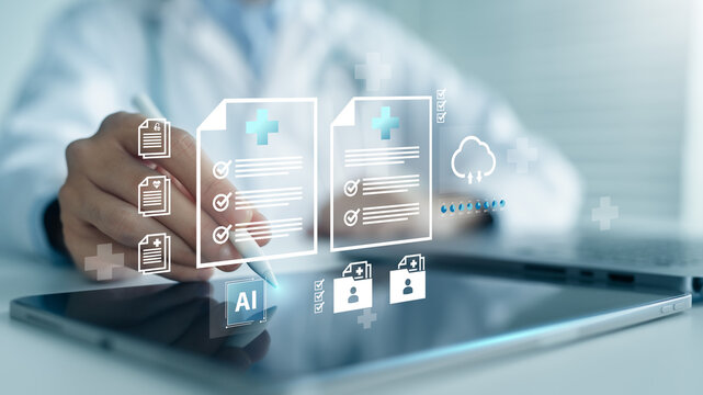 Doctor holding health data, medical information, and healthcare digital interface. patient analysis innovation and cloud health records with AI technology on network electronic folder document.