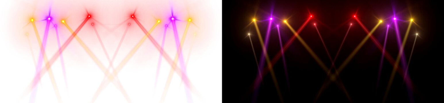 Lens flare Spotlight Purple, orange, red lights sparkling on theater stage concert show overlay effect on background. spot lighting VFX for party, music event, esports, studio, disco