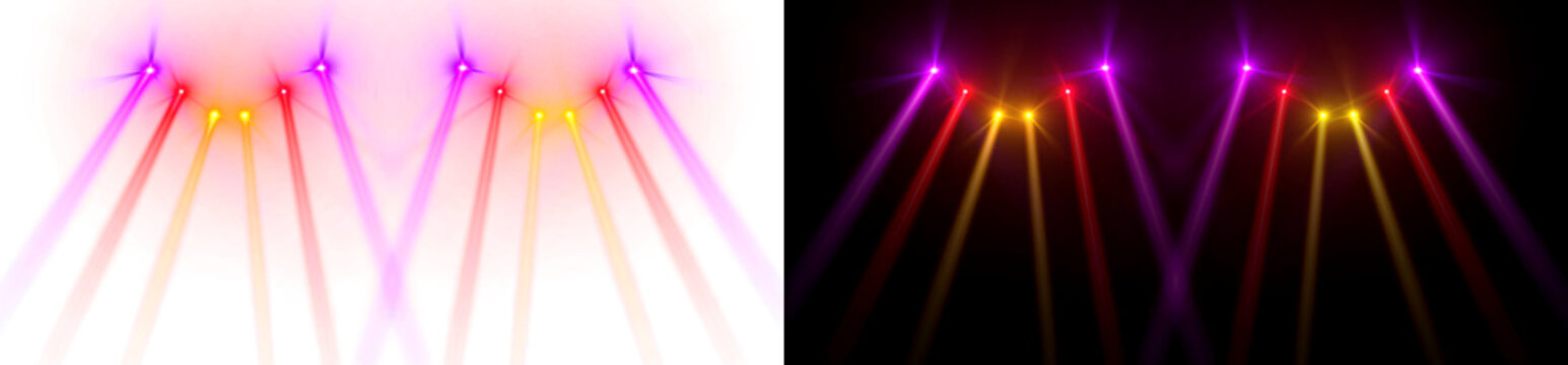 Lens flare Spotlight Purple, orange, red lights sparkling on theater stage concert show overlay effect on background. spot lighting VFX for party, music event, esports, studio, disco