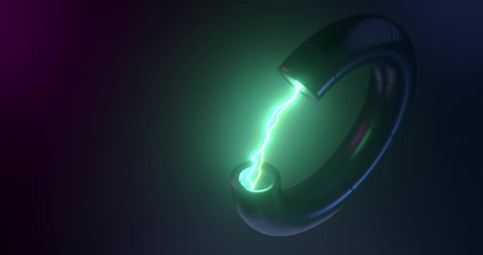 3d seamless loop animation of green electrical lightning arc discharge inside a black torus pipe
