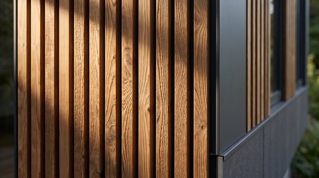 Modern architectural detail featuring vertical wooden slat facade paired with sleek dark metal paneling exterior design elements showcasing texture contrast and natural sunlight illumination