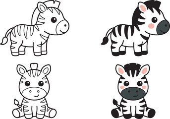 Obraz premium Cute baby zebra cartoon character set with coloring page outline versions for kids vector illustration