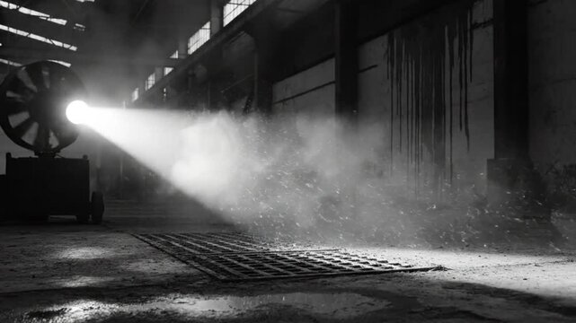 Dramatic industrial scene with light beam illuminating fog and concrete surface creating dark atmospheric vibe
